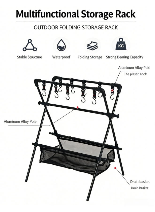 Cookware Hanging Rack, Collapsible Multifunctional Camping Stand, Outdoor Tools Hanging Organizer with Hooks, Multifunctional Tableware Tripod, Storage Shelf with Drying Net - Image 2
